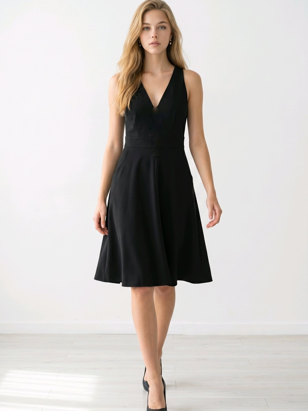 Classic Black V-Neck Fit & Flare Midi Dress With Unique Back Design